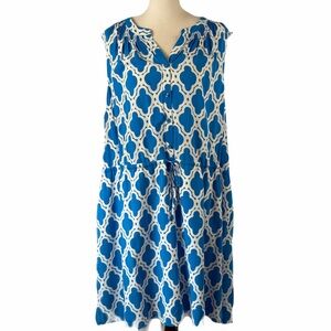 Crown & Ivy Blue/WhiteTrellis Print Bali Adventure Dress 24W Coastal Flaws NWT